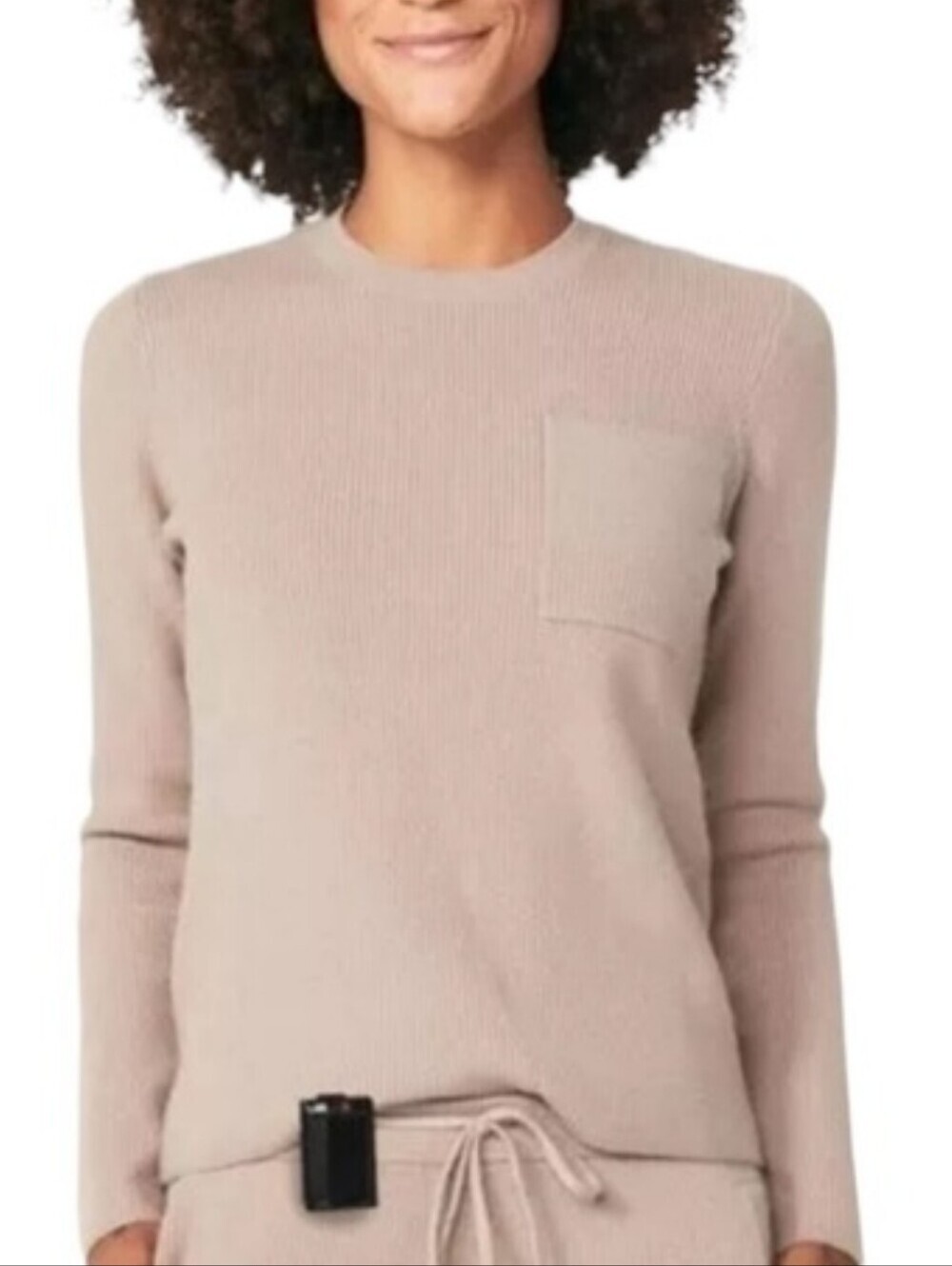 FIGS Women's Ribbed Knit Pocket Sweater Viscose Blend Long Sleeve Taupe Large